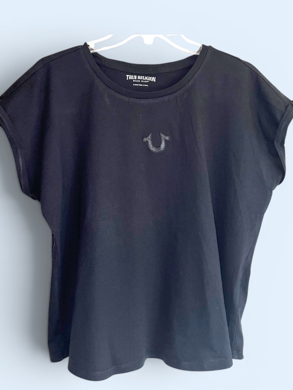 True Religion Black Rolled Cuff Sleeve Tonal Embroidered Tee Size XL